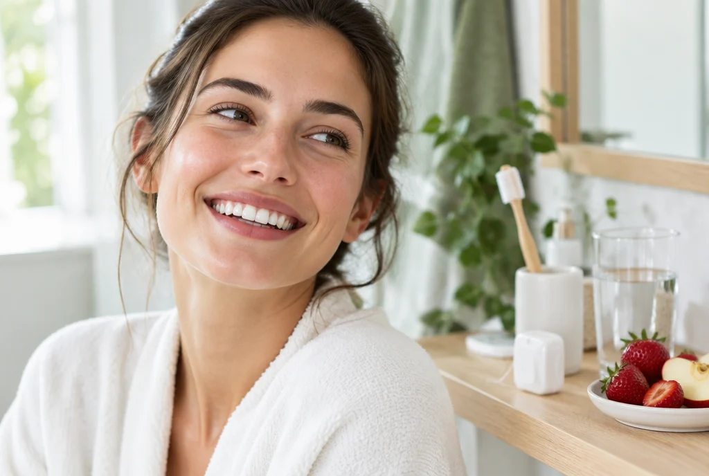 Mujer sonriendo con dientes más blancos de forma natural junto a cepillo, hilo dental y fruta